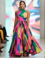 Printed Halter Neck Formal Evening Dress with High Slit — Multicolor Maxi Gown