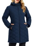 Front zip closure on womens long winter puffer jacket
