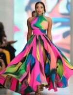 Printed Halter Neck Formal Evening Dress with High Slit — Multicolor Maxi Gown - Image 2