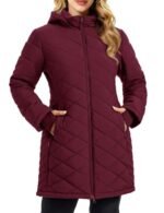 Womens puffer jacket in wine red, long hooded winter coat