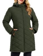 Womens puffer jacket in olive green, long hooded winter coat