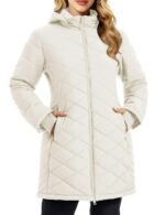 Womens puffer jacket in beige white, long hooded winter coat