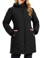 Womens puffer jacket in black, long hooded winter coat