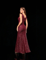 Deep V-Neck Sequin Party Dress with Slit — Burgundy Fishtail Gown - Image 5