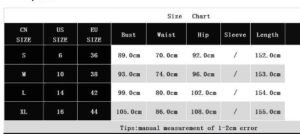 Size chart for deep V-neck sequin party dress showing bust, waist, and hip measurements by size