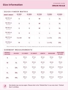 Size chart for womens puffer jacket showing bust, waist, hip and length measurements