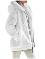 White fluffy fleece jacket for women with hood and collar