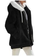 Black zip-up fleece coat for women with hood and pockets