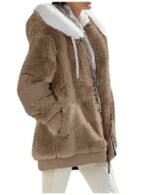 Brown fuzzy hooded jacket with full zip and front pockets